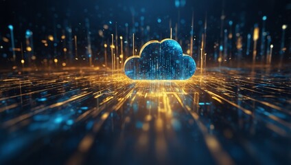 Digital informational technology web futuristic hologram with cloud icon, blue golden light digits and code background, cloud computing. Abstract Motion of digital data flow