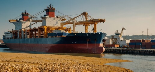 cargo ship at the harbor loading corn for global grain commerce and distribution