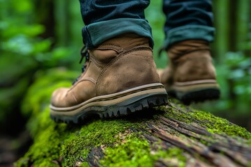 Forest Hiker Balancing on Mossy Log During Summer Adventure