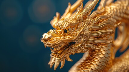 Golden dragon sculpture with intricate details and fierce expression, showcasing craftsmanship and artistry. shimmering gold contrasts beautifully against soft blue background, creating striking
