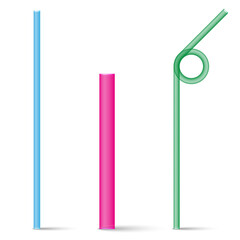 Three colorful plastic drinking straws isolated on white background, pink, green, and blue straight and bendable straws for cocktails and beverages, realistic 3d vector illustration.