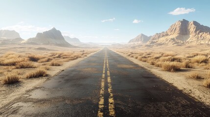 A straight desert road with tumbleweeds rolling across, ultra detailed