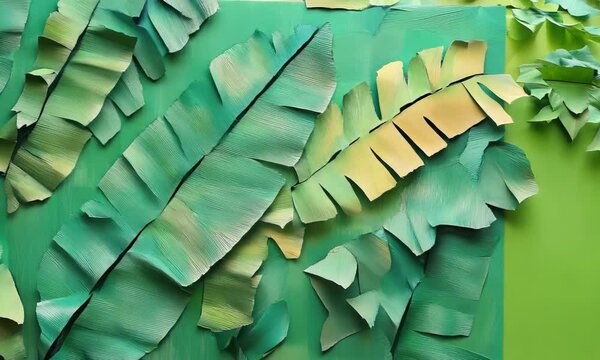 Abstract green tropical leaf ripped paper art painting plant. Video
