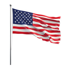 Fototapeta premium United States flag waving on a flagpole against a white background. transparent background