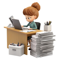 Woman working at a desk with stacks of papers and a laptop, white isolated background. transparent background