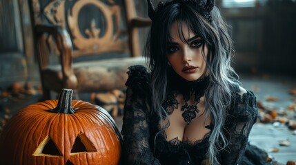 Fototapeta premium Dark Gothic Halloween Aesthetic with Pumpkins and Mysterious Girl