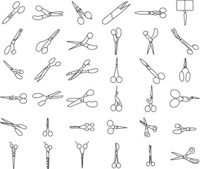 Scissors icon set for logo and T-Shirt. Thin line art editable stroke.