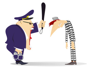 Shouting police officer and prisoner. Kneeling man confessing in criminal. 
Prisoner with down head stands in front of angry police officer with handcuffs and baton
