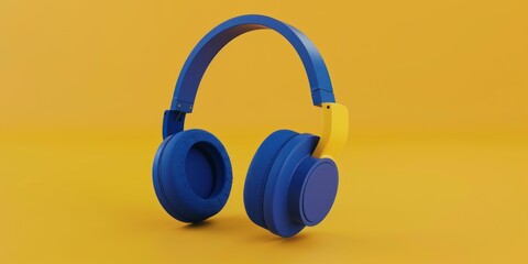Naklejka premium Blue and yellow wireless headphones isolated on a bright yellow background. Design for banner, poster, wallpaper, print.