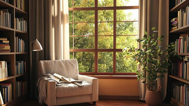 A cozy reading nook with a large window overlooking a leafy green landscape