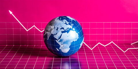 Global Finance Concept: Planet Earth Reflected Through a Glass Panel Featuring an Abstract Stock Chart with Blue Background and Gray Line Graph, Resting Atop a Glossy Sphere Against a Clean White Back
