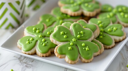 Clover-shaped cookies decorated with green icing. The cookies sit on a white plate and the frosting is decorated with little decorative elements like green stars and dots.