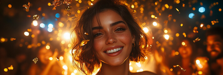 Portrait of a beautiful girl. New Year celebration. Horizontal banner