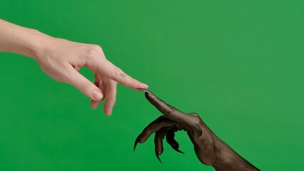 Creepy halloween devil monster hand in black paint with black nails touches fingers with female, isolated on chroma key green screen background, workspace mockup.