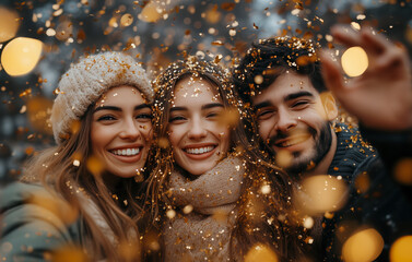 A portrait of three friends celebrating New Year's Eve outside