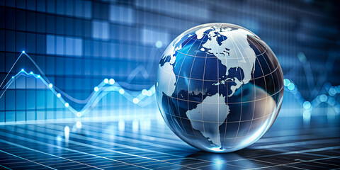 Global Finance Concept: Planet Earth Reflected Through a Glass Panel Featuring an Abstract Stock Chart with Blue Background and Gray Line Graph, Resting Atop a Glossy Sphere Against a Clean White Back