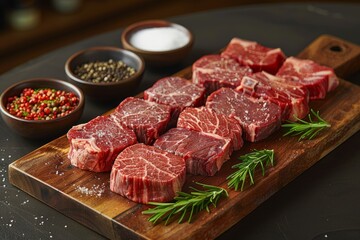 Fototapeta premium Assorted premium beef cuts on wooden board. Sliced Wagyu A5 beef, Wagyu a5 beef sashimi slices, beef sashimi, slices of beef sashimi, Kobe wagyu beef))