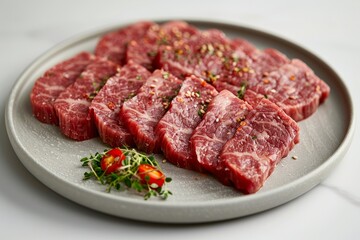 Obraz premium Minimalist mockup Wagyu A5 beef, Sliced Wagyu A5 beef, Wagyu a5 beef sashimi slices, beef sashimi, slices of beef sashimi, Sukiyaki, chopsticks holding beef, Kobe wagyu beef