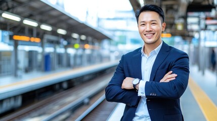 A man wearing a suit and a watch is standing on a train platform