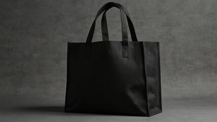 A mockup of a single black tote bag laid flat on a grey surface