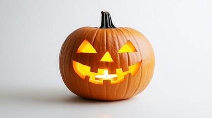 Obraz premium A comical Halloween pumpkin is carved into the shape of a jack-o'-lantern, with a candle flickers inside, casting a warm glow against the white background. 