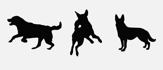 Dog silhouette collection vector. Dog in various poses and activities like jumping, sitting, running, playing, and standing. Silhouette black puppies, pet dog vector