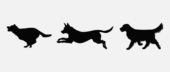 Dog silhouette collection vector. Dog in various poses and activities like jumping, sitting, running, playing, and standing. Silhouette black puppies, pet dog vector