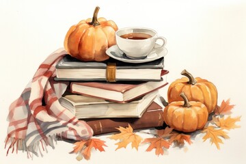 A cozy autumn scene with a stack of books, pumpkins, and a cup of coffee, surrounded by fall leaves, evoking warmth, relaxation, and the beauty of the season.