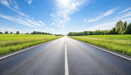 Asphalt Road Through Lush Green Fields