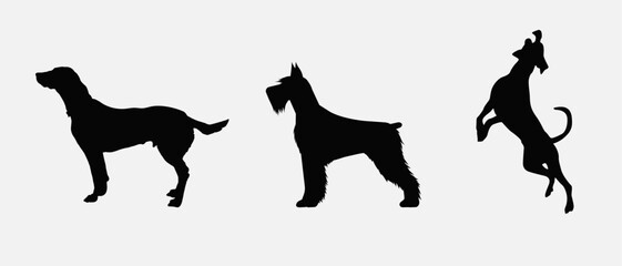 Dog silhouette collection vector. Dog in various poses and activities like jumping, sitting, running, playing, and standing. Silhouette black puppies, pet dog vector