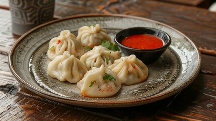 A dish of khinkali served on a stylish ceramic plate with a minimalist design. Khinkali is decorated with herbs, and next to it there is a bright red sauce in a small bowl.