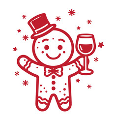 Christmas kitchen toA cheerful gingerbread man in a top hat holds a glass of wine surrounded by festive snowflakes. Cartoon red vector illustration