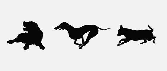 Dog silhouette collection vector. Dog in various poses and activities like jumping, sitting, running, playing, and standing. Silhouette black puppies, pet dog vector