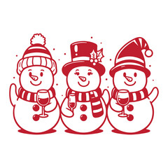 Happy snowmen enjoy holiday festivities, holding wine glasses, dressed in cozy scarves and hats. Perfect for Christmas party. Cute snowman vector illustration in cartoon style