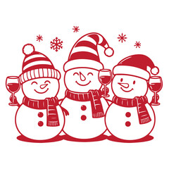 Three happy snowmen enjoy holiday festivities, holding wine glasses, dressed in cozy scarves and hats. Perfect for Christmas party. Vector illustration in cartoon style