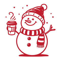 Happy snowman holding a steaming cup of coffee, wearing a hat and scarf, perfect for Christmas and winter designs. Cartoon red and white vector illustration