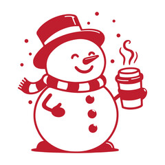 cheerful snowman holds a steaming coffee cup, dressed in a top hat and scarf, perfect for Christmas and winter-themed designs. Cartoon red and white vector illustration