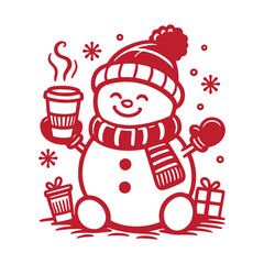 Happy snowman holding a coffee cup, surrounded by gifts and snowflakes, perfect for cozy Christmas and winter designs
