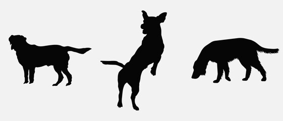 Dog silhouette collection vector. Dog in various poses and activities like jumping, sitting, running, playing, and standing. Silhouette black puppies, pet dog vector