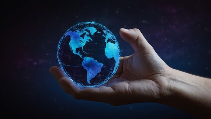 Hand holding a hologram of the Earth against a dark blue and purple background, representing the world map concept for global business technology or environmental protection ideas