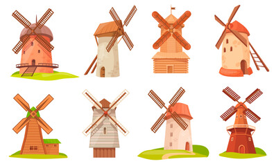 Cartoon rural windmills. Holland farm mill old dutch wood stone towers, wind energy dutch village vintage architectural buildings, nature rural bakery set neat vector illustration © ssstocker