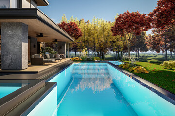 3d rendering of modern two story house with gray and wood accents, large windows, parking space in the right side of the building, surrounded by trees and bushes, daylight in autumn day