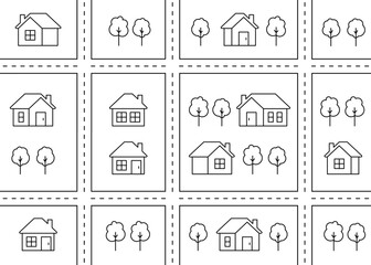 Map of city, village, childish pattern with street, house and road. Neighborhood. Street building on city landscape, top view. Kids background, play mat for children. Vector flat line illustration