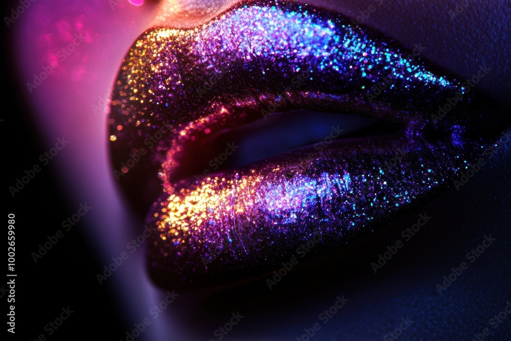 Poster close-up of glossy lips featuring a vibrant, shiny finish reflecting colorful lights in an artistic 