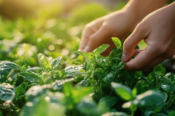 Close-up of hands picking fresh, organic herbs from a garden, dew still clinging to the leaves, with the morning sun in the background