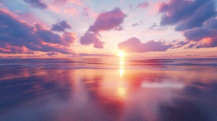 Sunset over an untouched beach, vibrant colors in the sky reflecting on the water