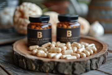 B vitamin, Vitamin B capsule, Vitamin B Capsules, Vitamin B12 tablets, Vitamin B12 pills, cyanocobalamin, Multi vitamin pills, pills bottle mockup, drug bottle mockup on a wooden tray