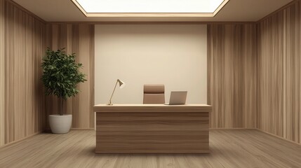 Mock up frame in a spacious office with only a wooden desk and soft beige walls, 3D render