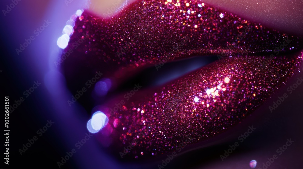 Aufkleber close-up of glossy lips with vibrant shimmer reflecting light in a dimly lit setting. generative ai