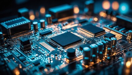 IT. Information technology concept. Motherboard integrated circuit and tech icons illustrtion. Futuristic bakground